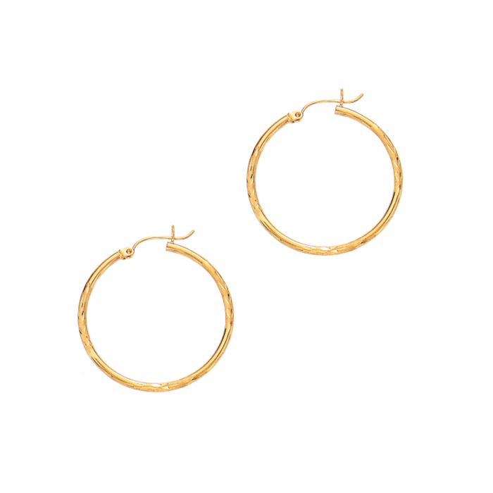 14 Karat Yellow Gold Florentine/Diamond Cut Medium Hoop Earrings