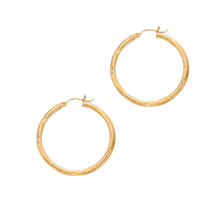 14 Karat Yellow Gold Florentine/Diamond Cut Small Hoop Earrings
