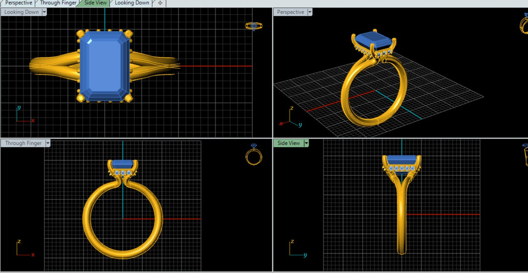A image showing the digital design of the 14 Karat Emerald Shape Hidden Halo Lab Grown Diamond Engagement Ring