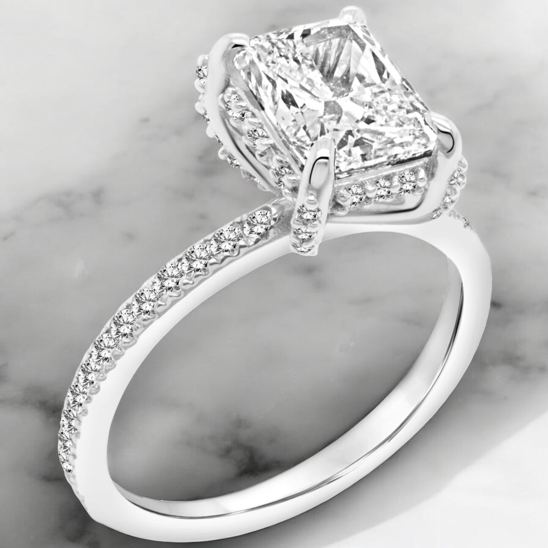 An image showing the angled view of the final presentation of the 14 Karat Diamond Accented Natural Diamond Custom Engagement Ring