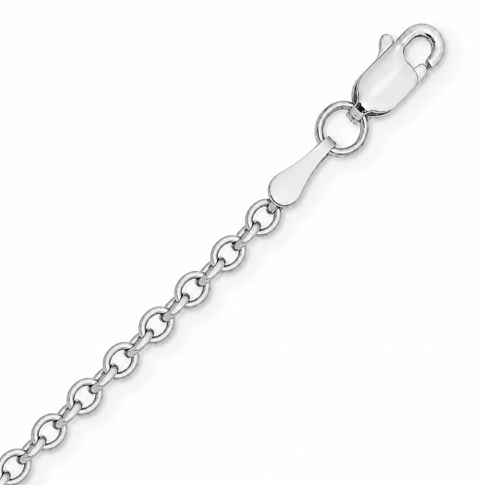 A image showing a close up of a white gold cable chain on a white background