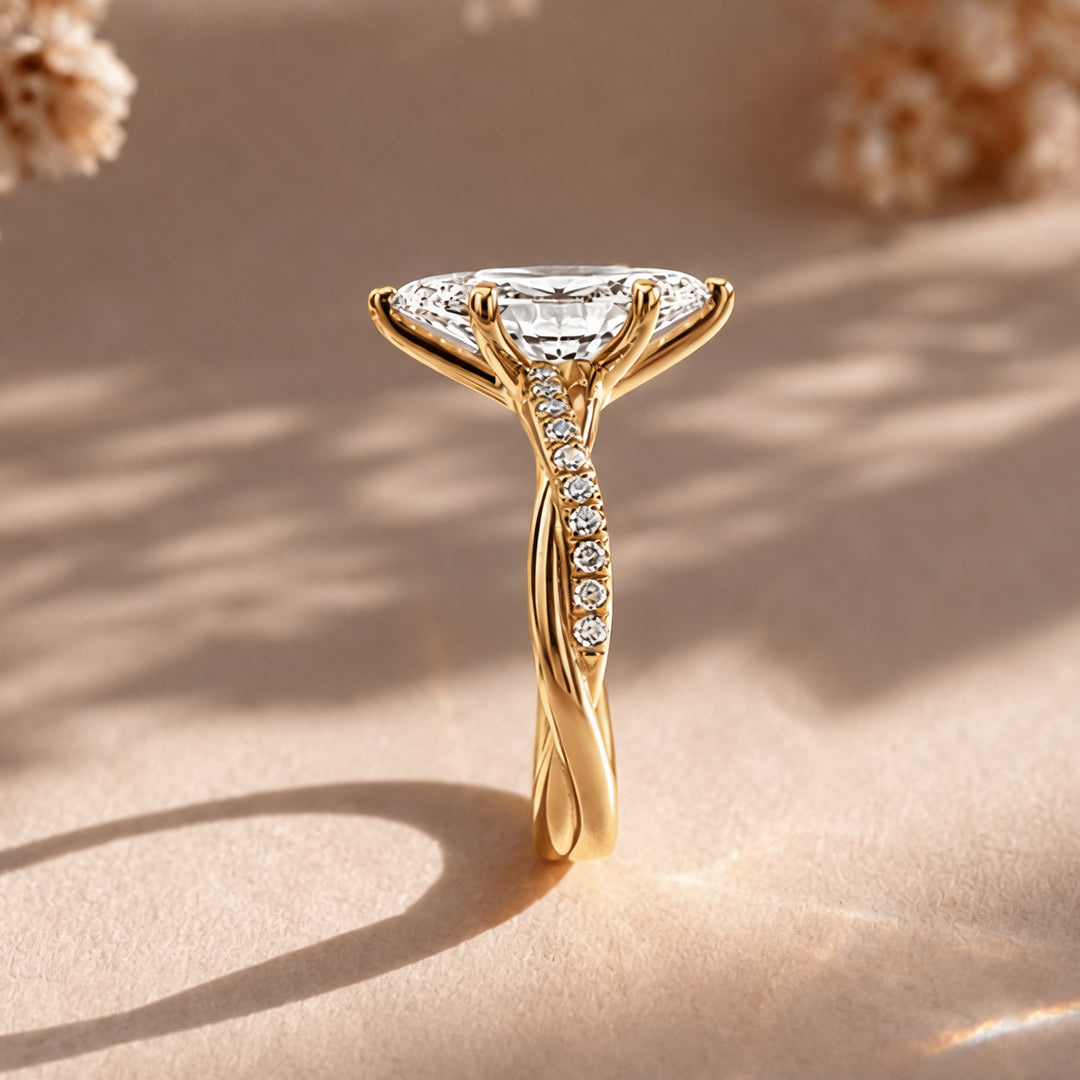 1.5 carat marquise lab grown diamond engagement ring shown from the side on a styled display at AJ's Jewelry in Ridgewood, Queens NY