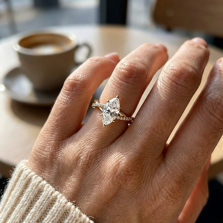 1.5 carat marquise lab grown diamond engagement ring worn on a hand at AJ's Jewelry in Ridgewood, Queens NY