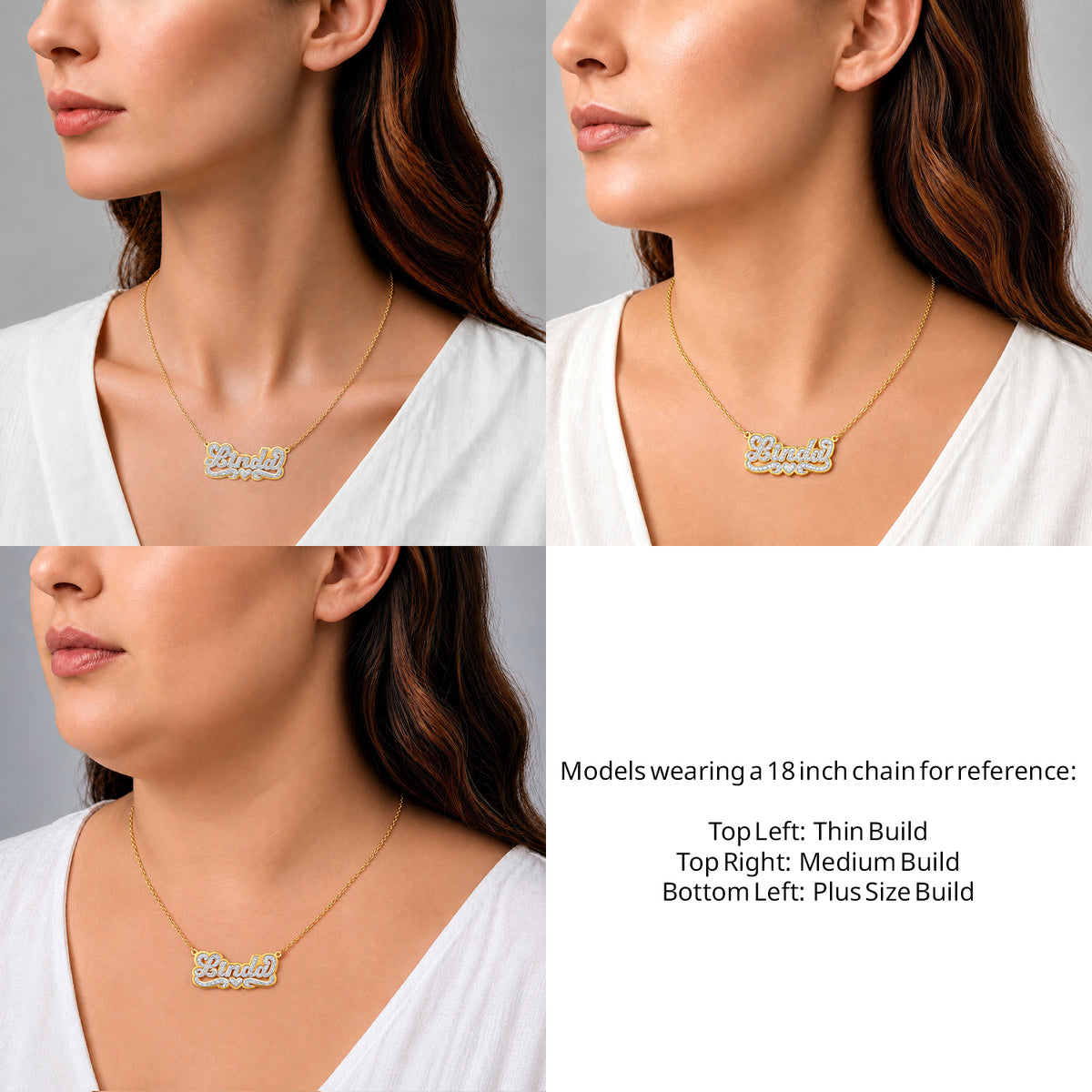 14 Karat 3D Name Necklace with Solid Back Plate on an 18-inch chain shown on thin, medium and plus-size models for size reference – AJ's Jewelry