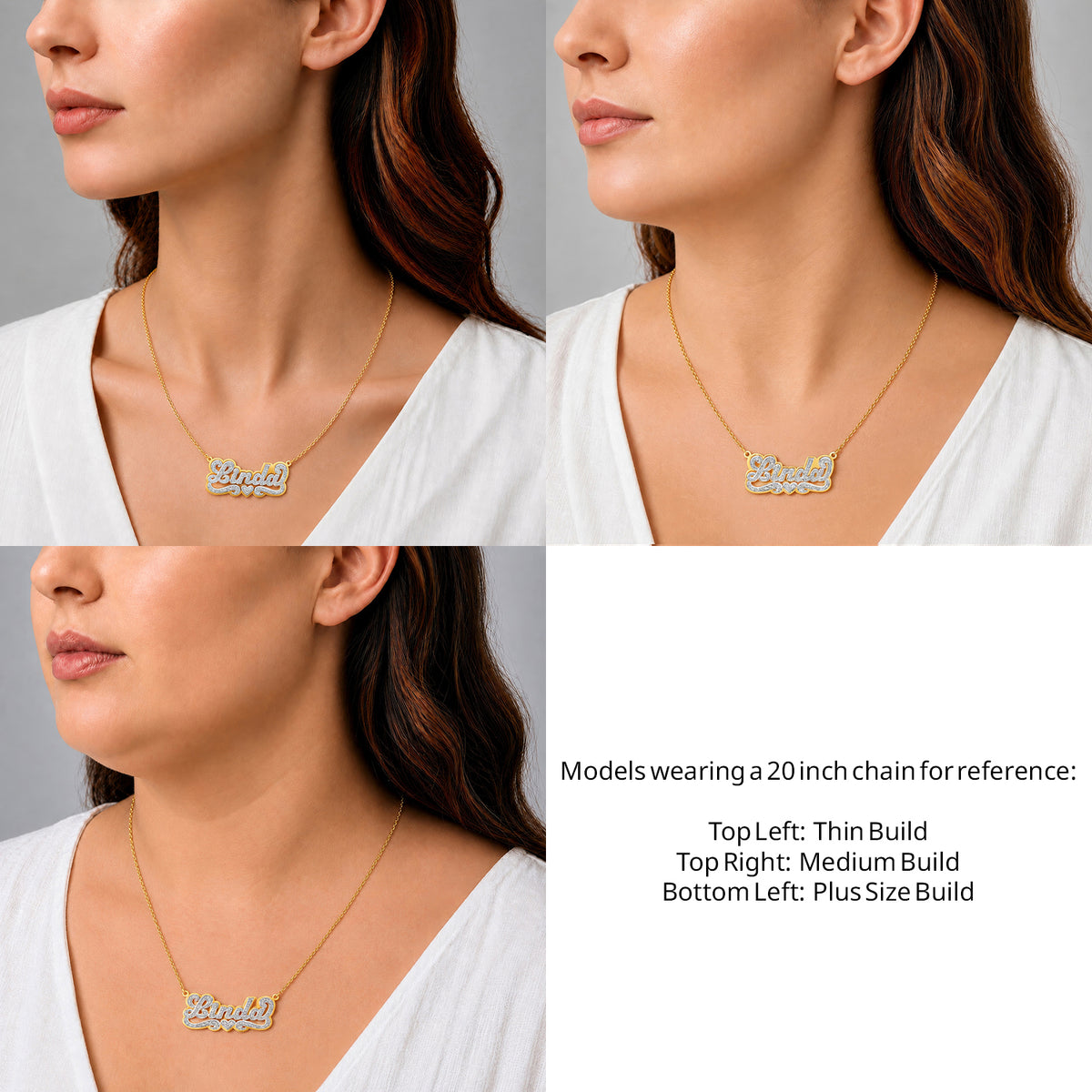 14 Karat 3D Name Necklace with Solid Back Plate on a 20-inch chain shown on thin, medium and plus-size models for size reference – AJ's Jewelry