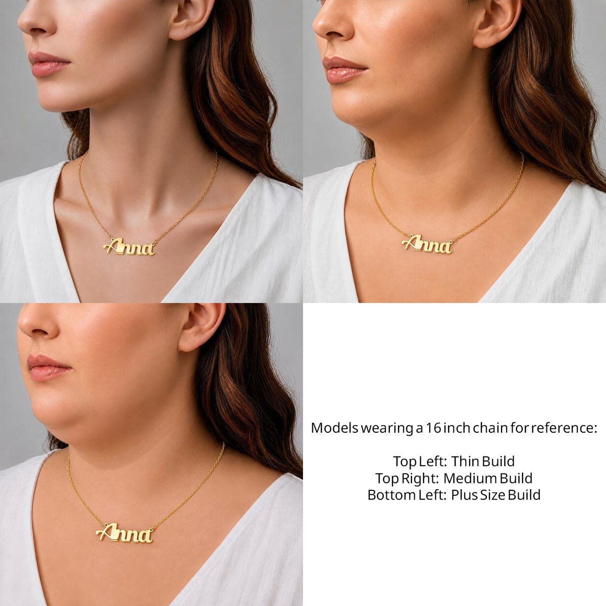 14 Karat Small Bold Print Name Necklace on a 16-inch chain shown on thin, medium and plus-size models for size reference – AJ's Jewelry