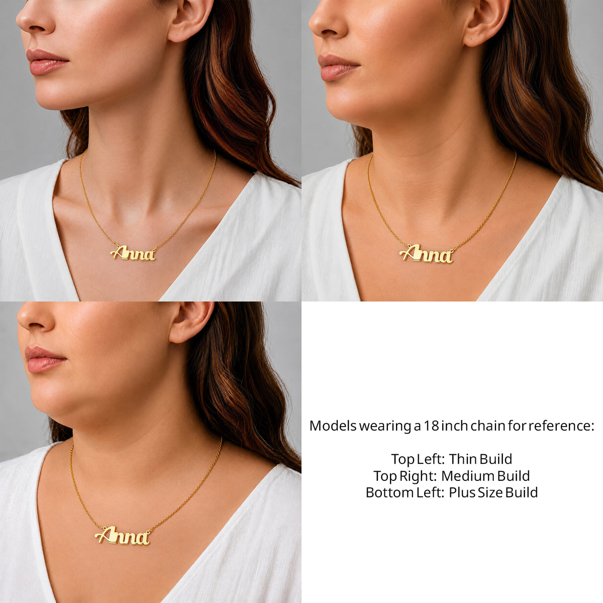 14 Karat Small Bold Print Name Necklace on an 18-inch chain shown on thin, medium and plus-size models for size reference – AJ's Jewelry