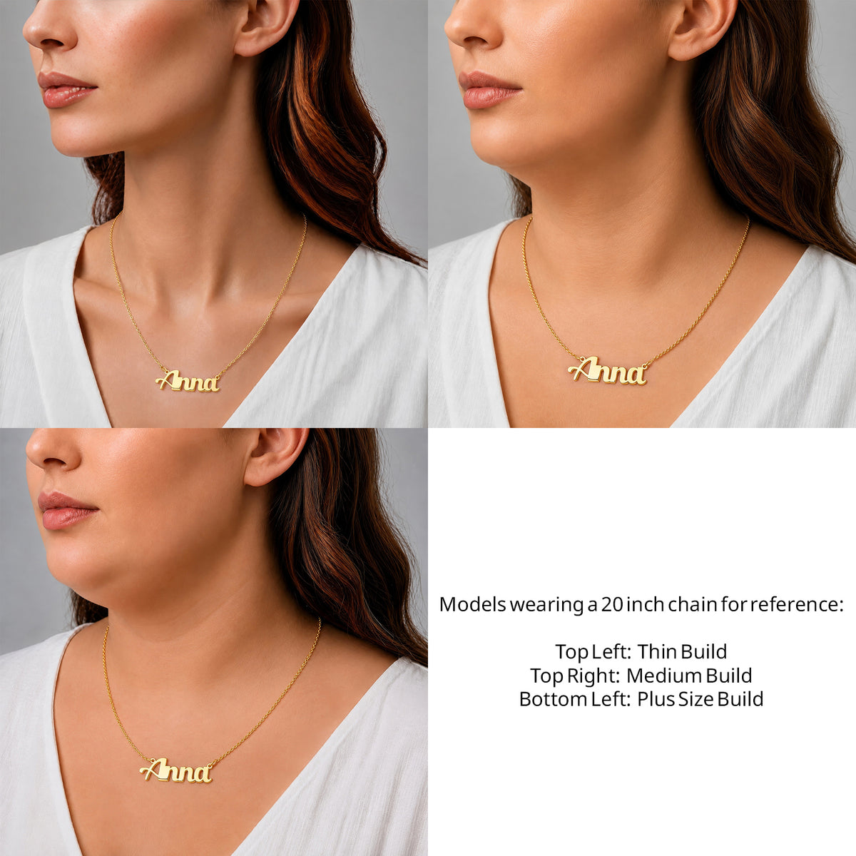 14 Karat Small Bold Print Name Necklace on a 20-inch chain shown on thin, medium and plus-size models for size reference – AJ's Jewelry