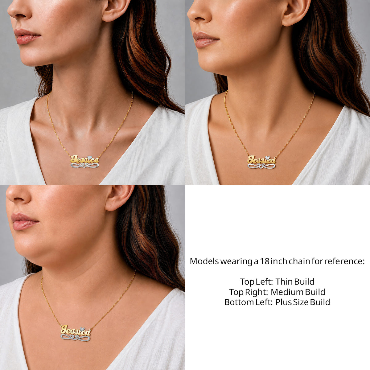 14 Karat Bold Script Name Necklace with Tail on an 18-inch chain shown on thin, medium and plus-size models for size reference – AJ's Jewelry