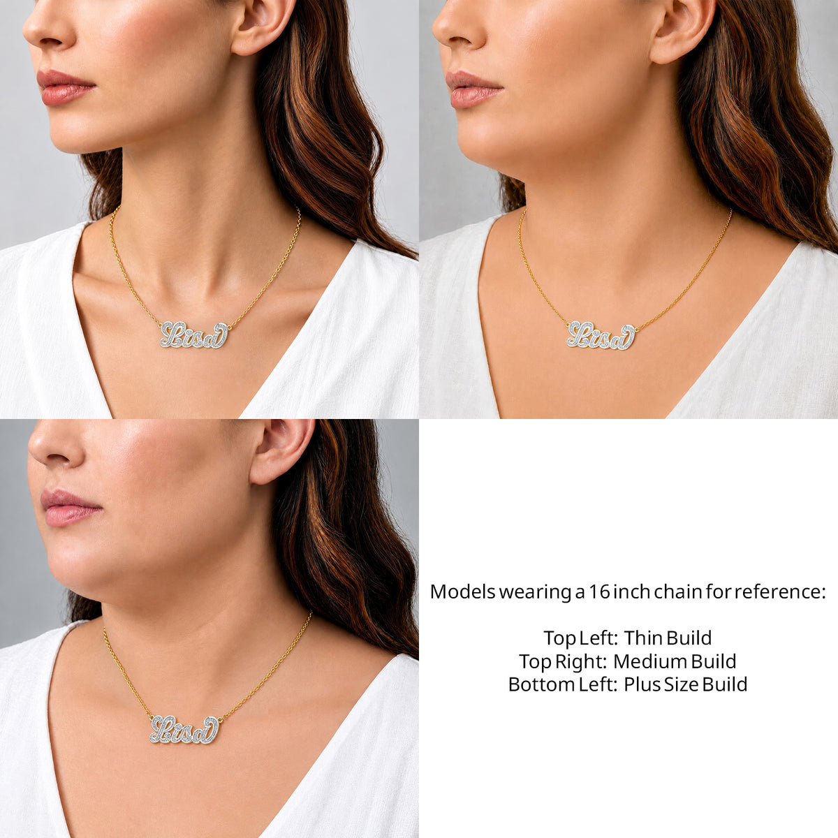 14 Karat Diamond Cut 3D Name Necklace on a 16-inch chain shown on thin, medium and plus-size models for size reference – AJ's Jewelry