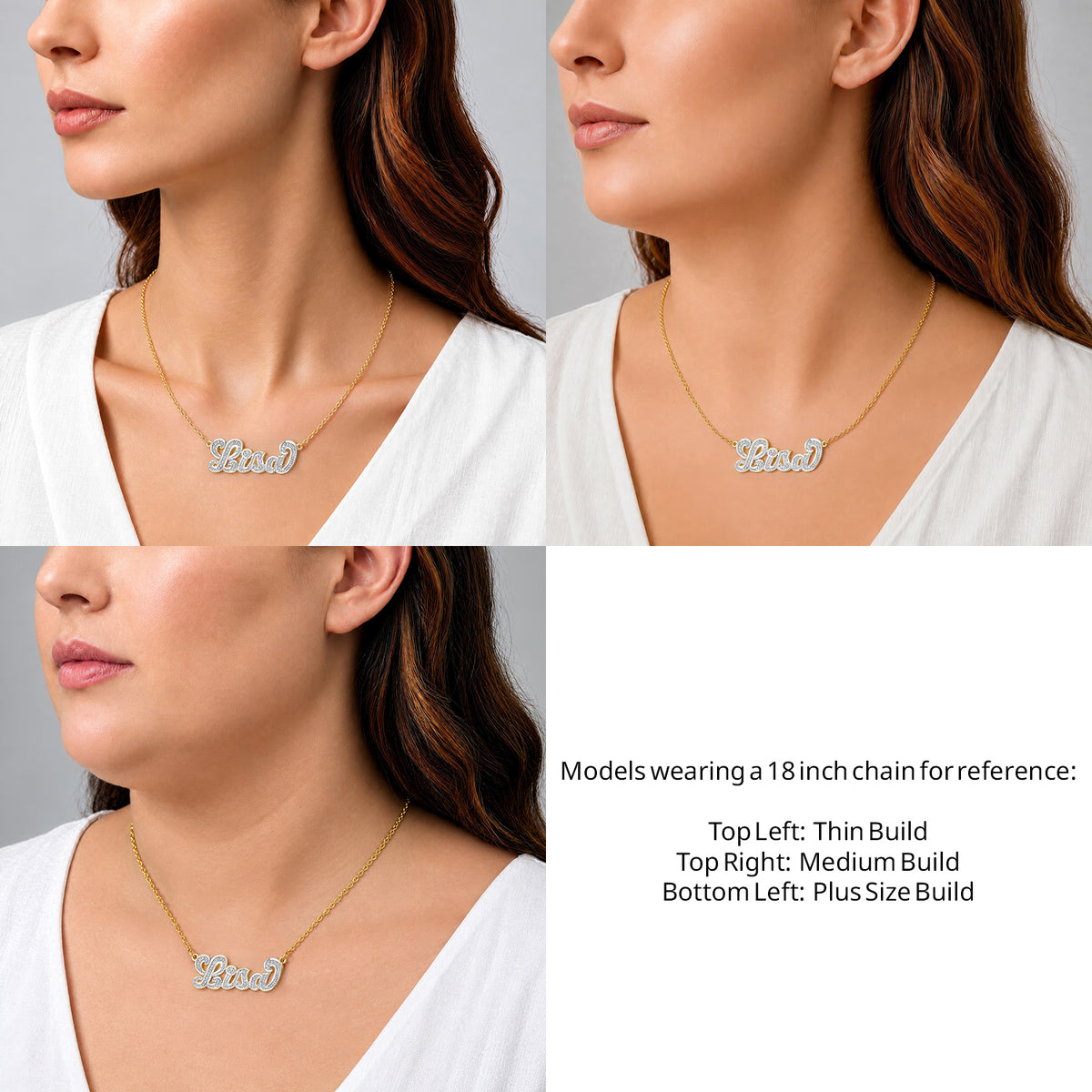 14 Karat Diamond Cut 3D Name Necklace on an 18-inch chain shown on thin, medium and plus-size models for size reference – AJ's Jewelry