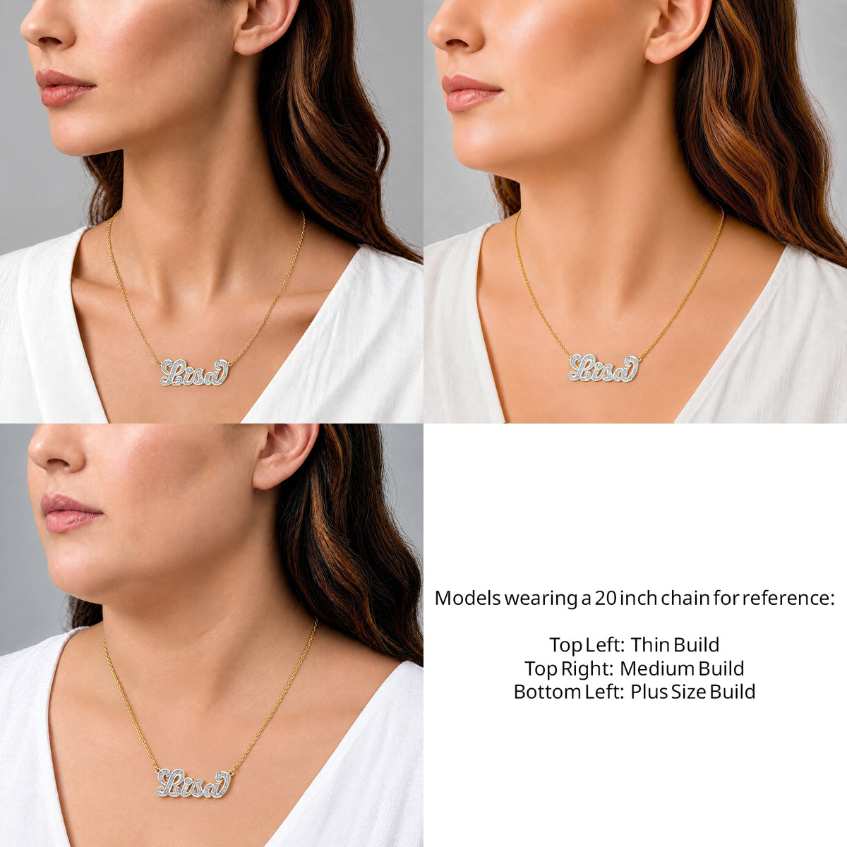 14 Karat Diamond Cut 3D Name Necklace on a 20-inch chain shown on thin, medium and plus-size models for size reference – AJ's Jewelry