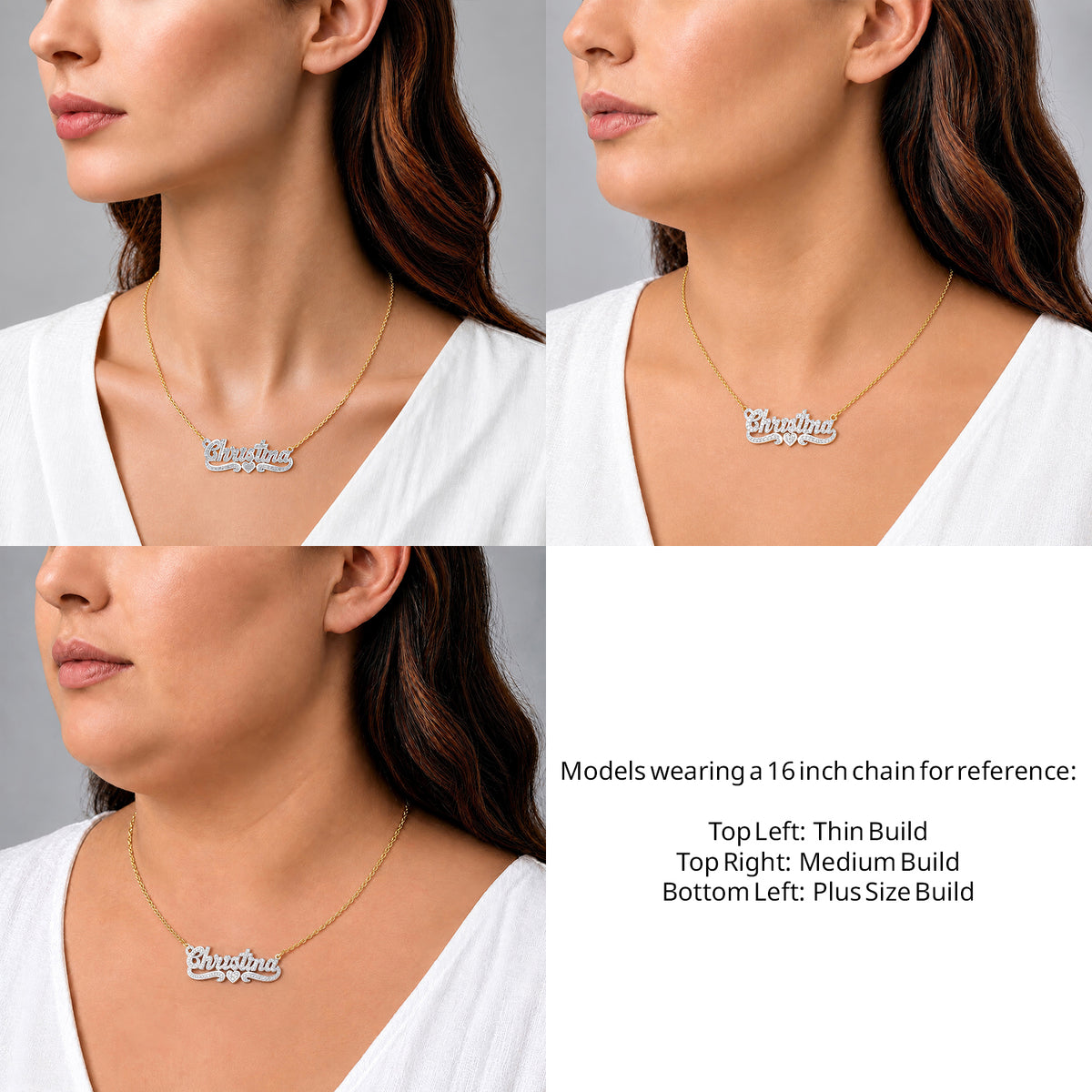14 Karat Diamond Cut 3D Name Necklace with One Heart on a 16-inch chain shown on thin, medium and plus-size models for size reference – AJ's Jewelry