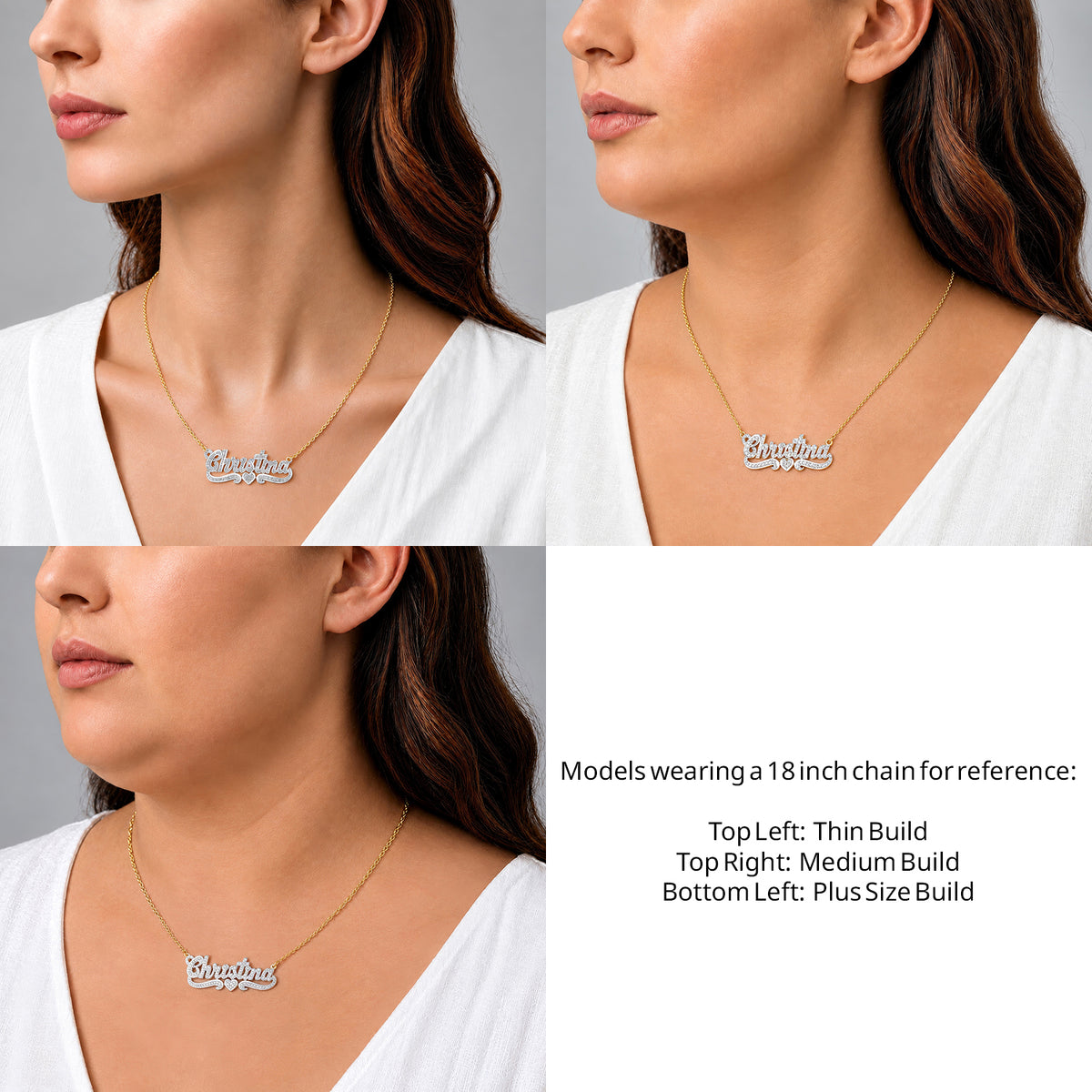 14 Karat Diamond Cut 3D Name Necklace with One Heart on an 18-inch chain shown on thin, medium and plus-size models for size reference – AJ's Jewelry