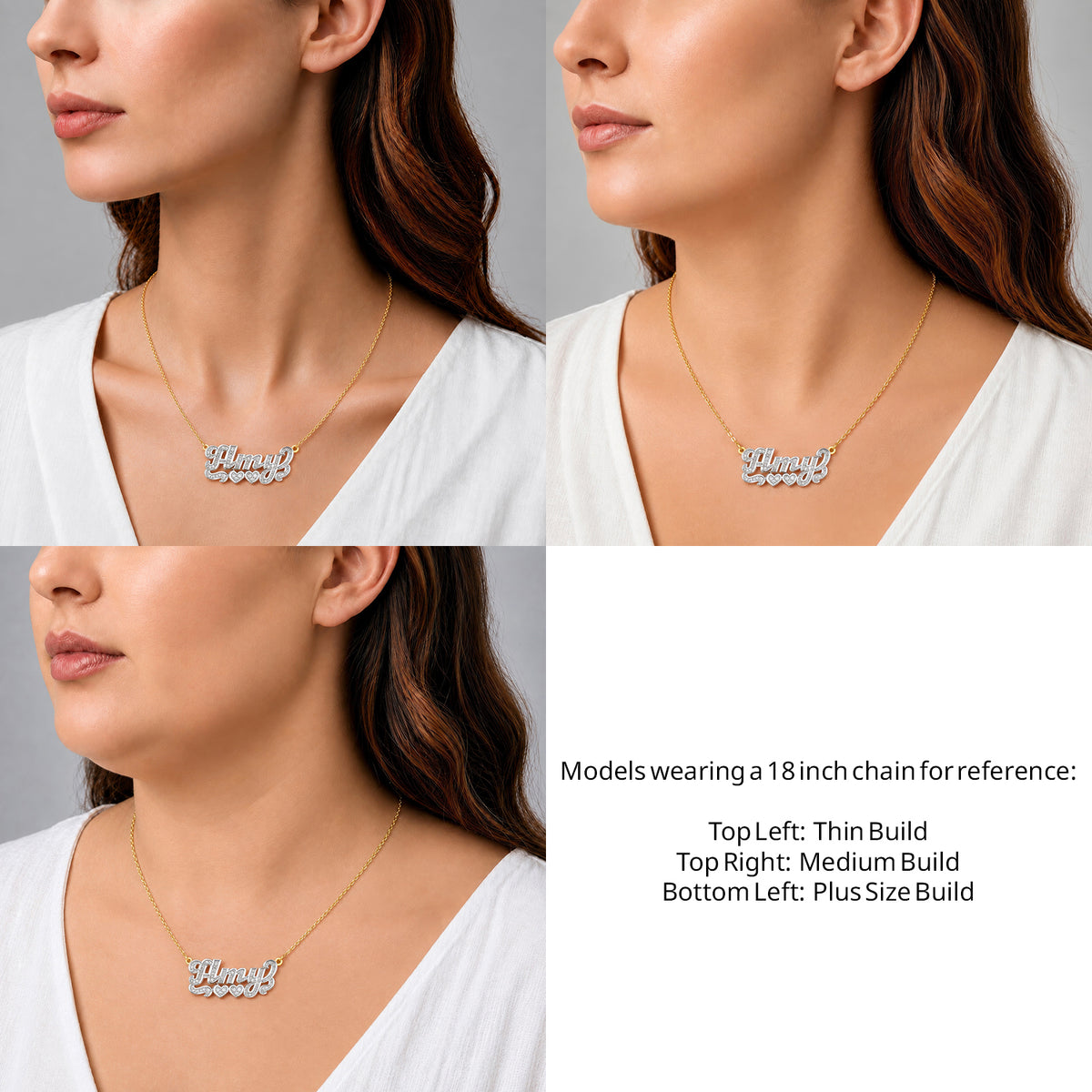 14 Karat Diamond Cut 3D Name Necklace with Two Hearts on an 18-inch chain shown on thin, medium and plus-size models for size reference – AJ's Jewelry