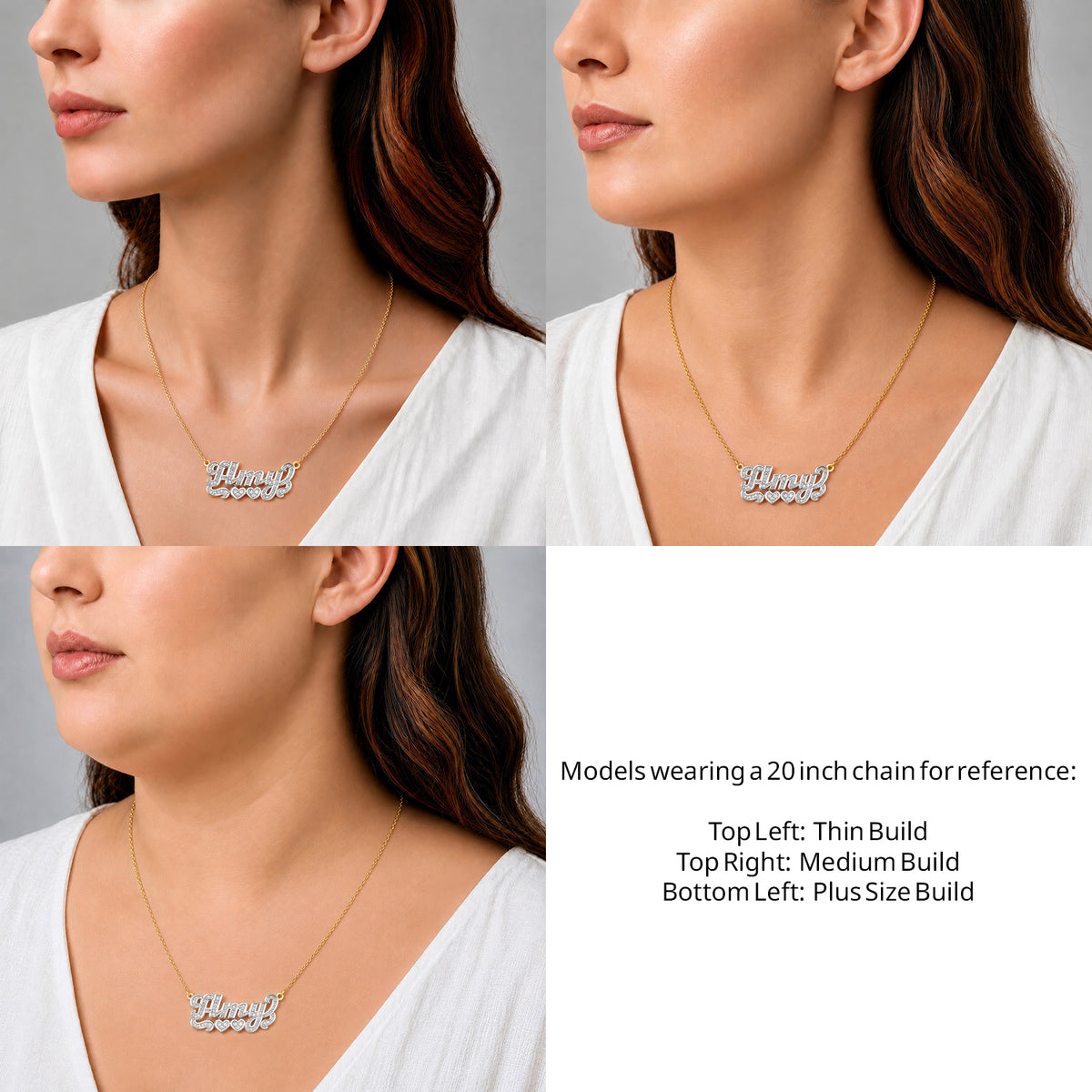 14 Karat Diamond Cut 3D Name Necklace with Two Hearts on a 20-inch chain shown on thin, medium and plus-size models for size reference – AJ's Jewelry