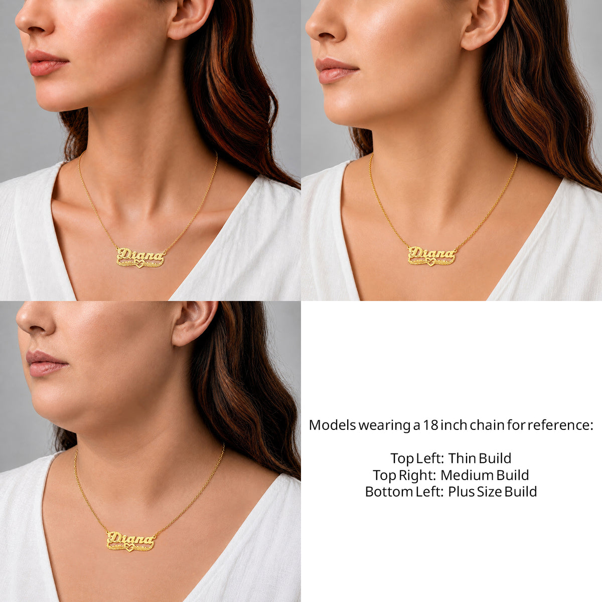 14 Karat Diamond Cut & Florentine Name Necklace on an 18-inch chain shown on thin, medium and plus-size models for size reference – AJ's Jewelry