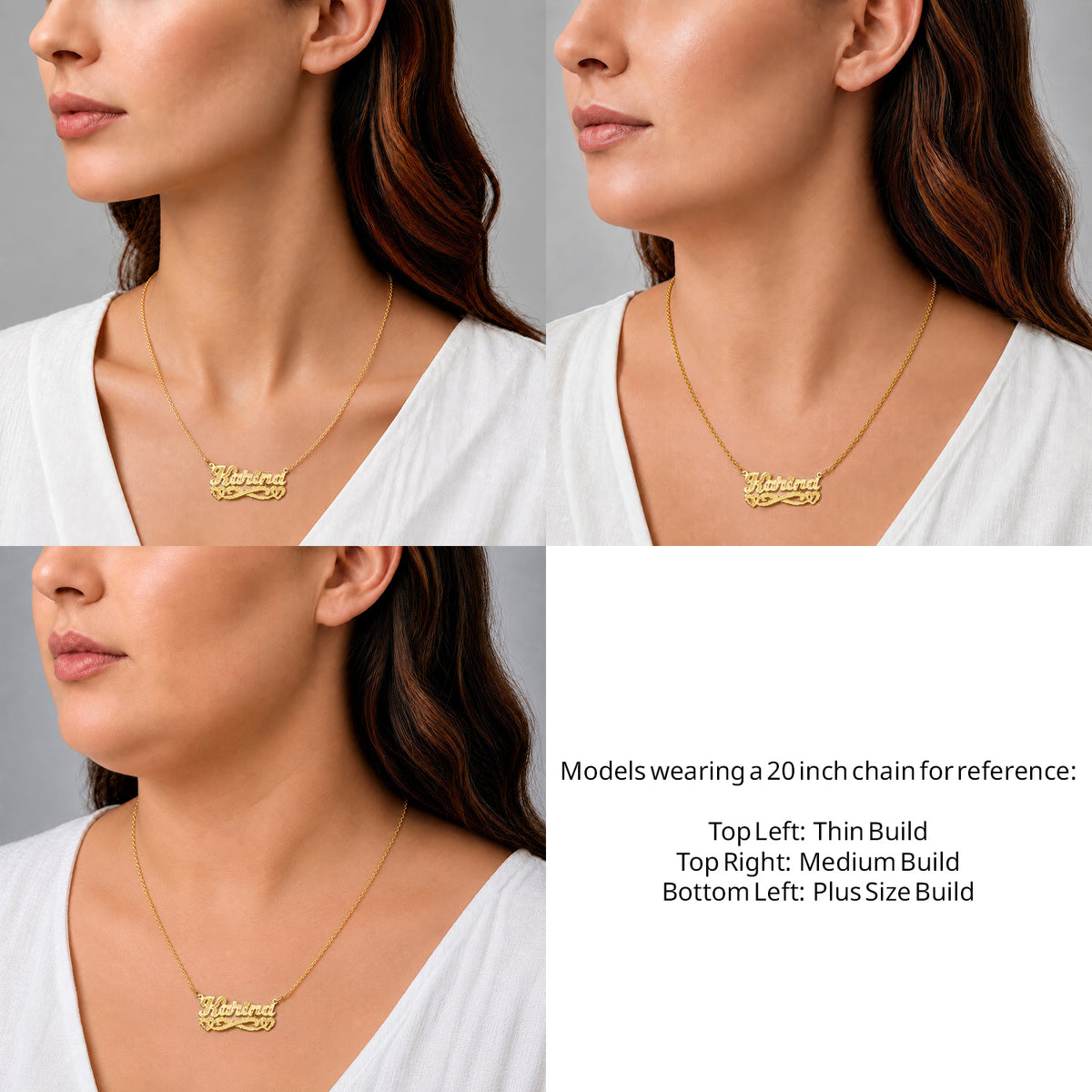 14 Karat Diamond Cut & Florentine Name Necklace with Hearts on a 20-inch chain shown on thin, medium and plus-size models for size reference – AJ's Jewelry