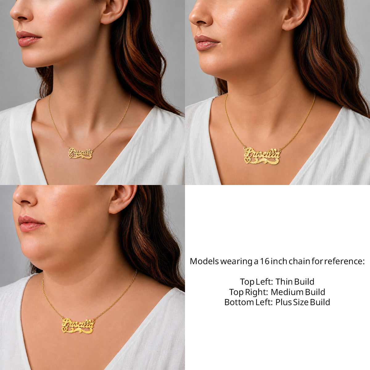 14 Karat Diamond Cut Name Necklace on a 16-inch chain shown on thin, medium and plus-size models for size reference – AJ's Jewelry