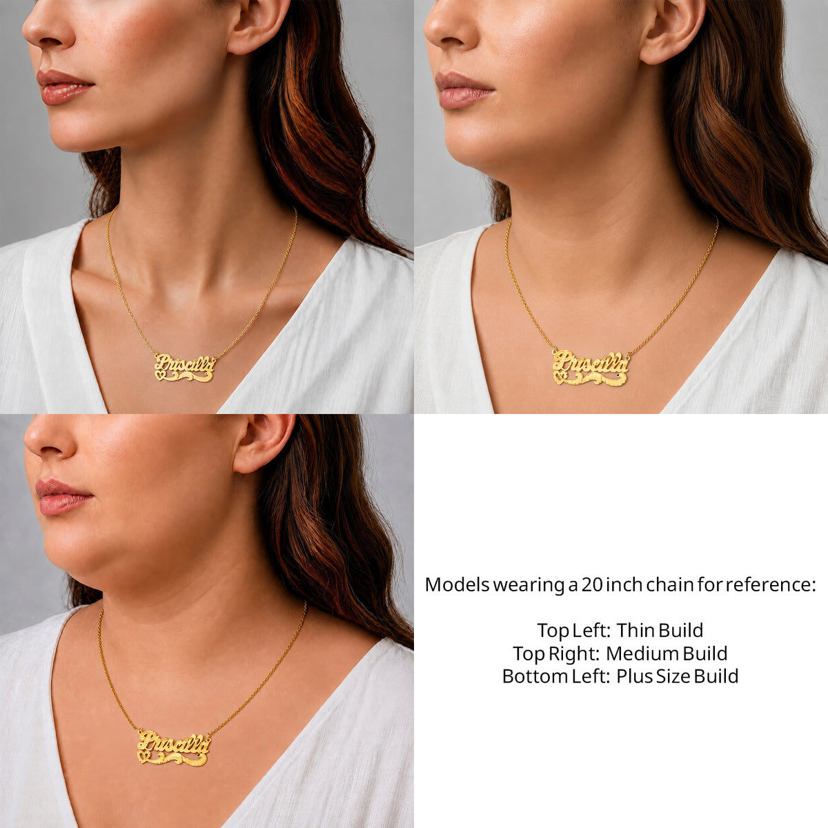 14 Karat Diamond Cut Name Necklace on a 20-inch chain shown on thin, medium and plus-size models for size reference – AJ's Jewelry