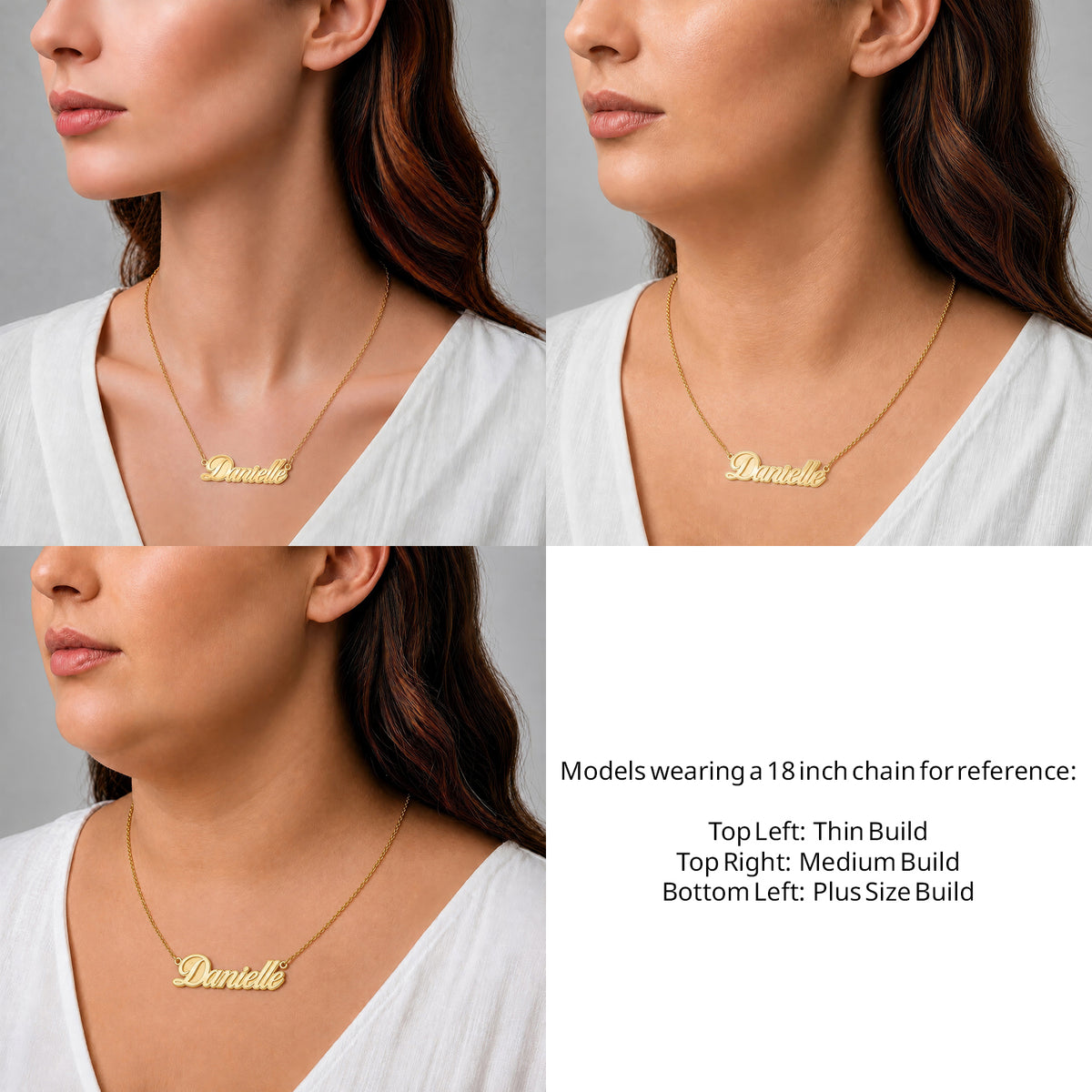 14 Karat Fancy Script Name Necklace on an 18-inch chain shown on thin, medium and plus-size models for size reference – AJ's Jewelry