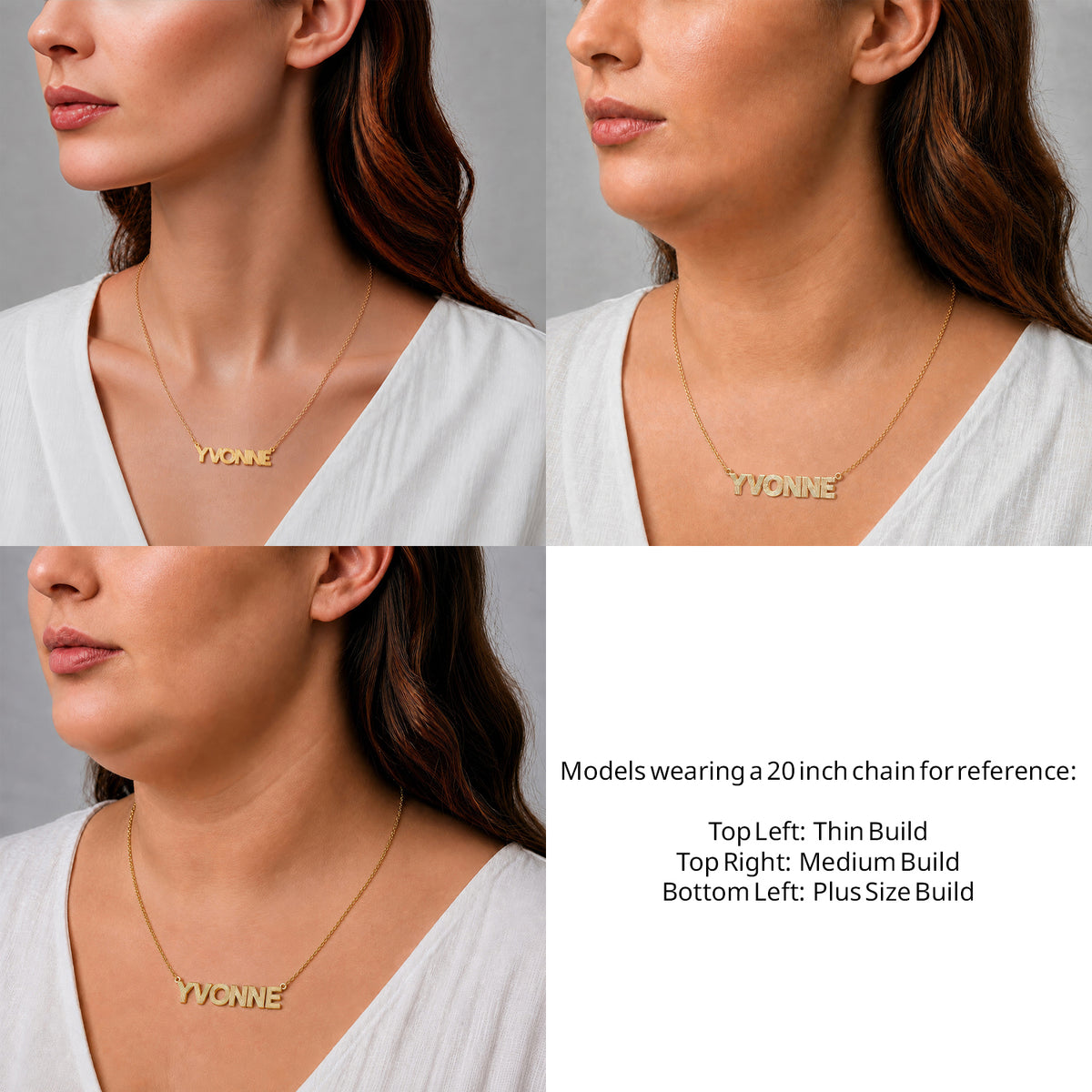 14 Karat Fluted Name Necklace on a 20-inch chain shown on thin, medium and plus-size models for size reference – AJ's Jewelry