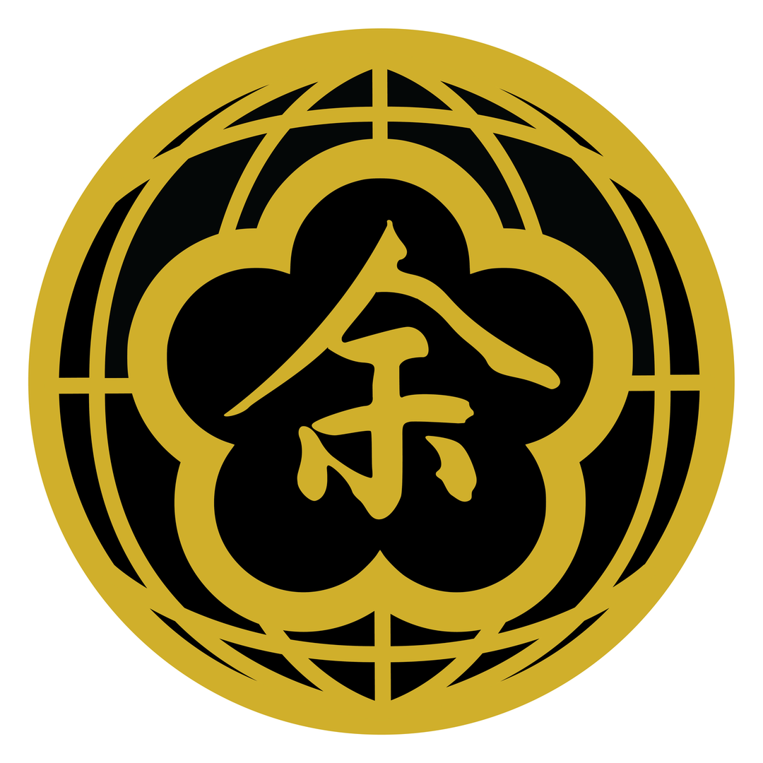 The client's round name design in gold and black: a name character inside a plum blossom, framed by a globe pattern