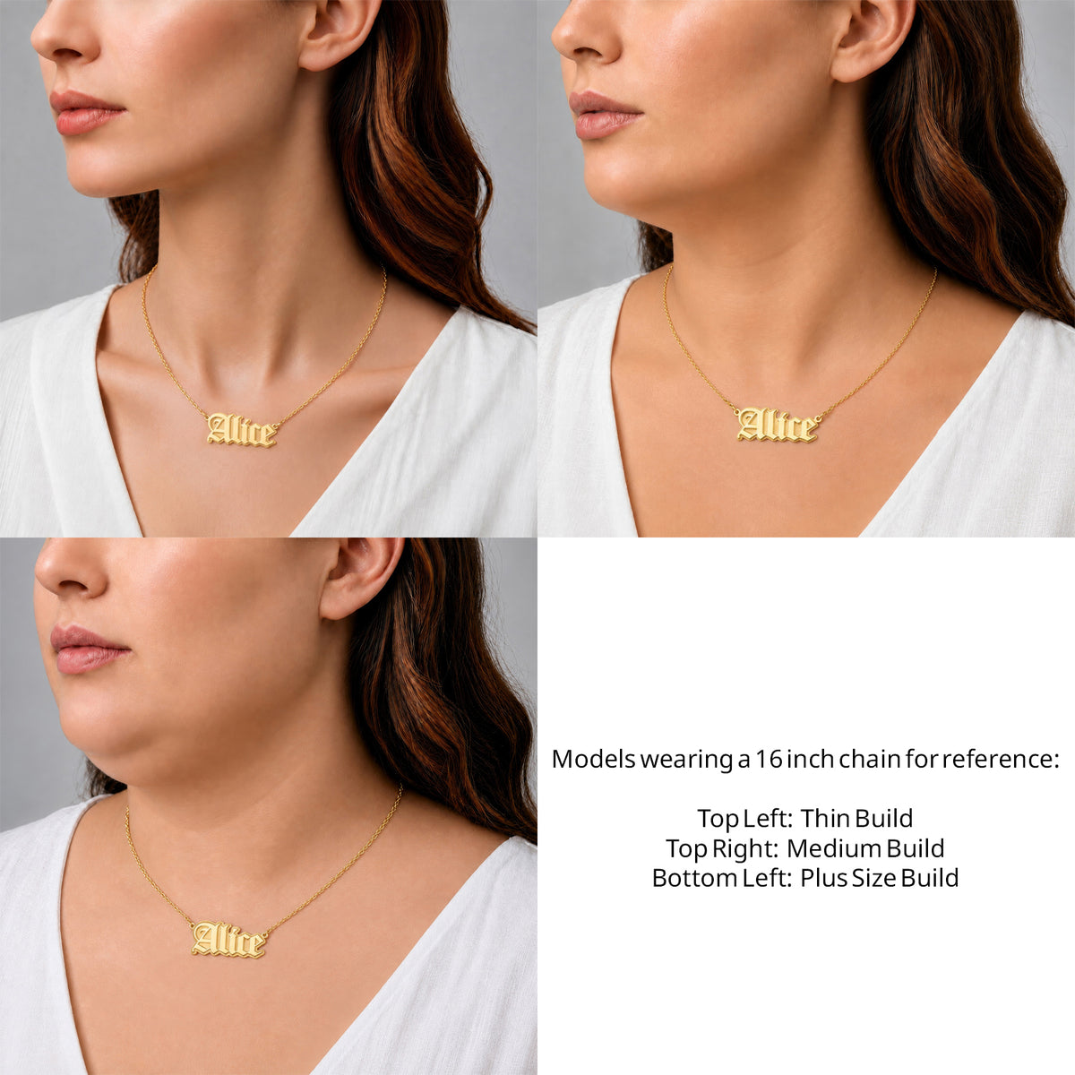 14 Karat Gothic Style Name Necklace on a 16-inch chain shown on thin, medium and plus-size models for size reference – AJ's Jewelry
