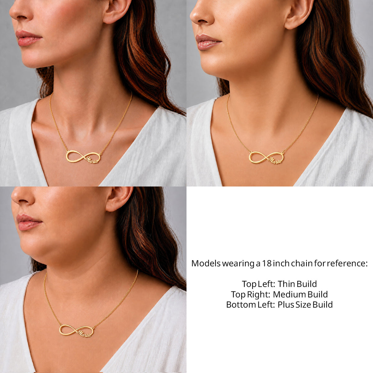 14 Karat Infinity Name Necklace on an 18-inch chain shown on thin, medium and plus-size models for size reference – AJ's Jewelry