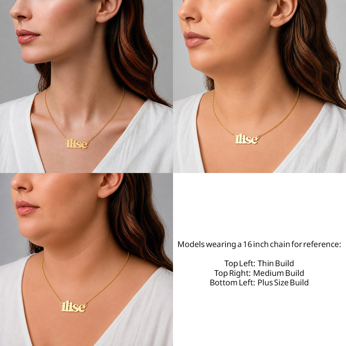 14 Karat Lowercase Bold Name Necklace on a 16-inch chain shown on thin, medium and plus-size models for size reference – AJ's Jewelry