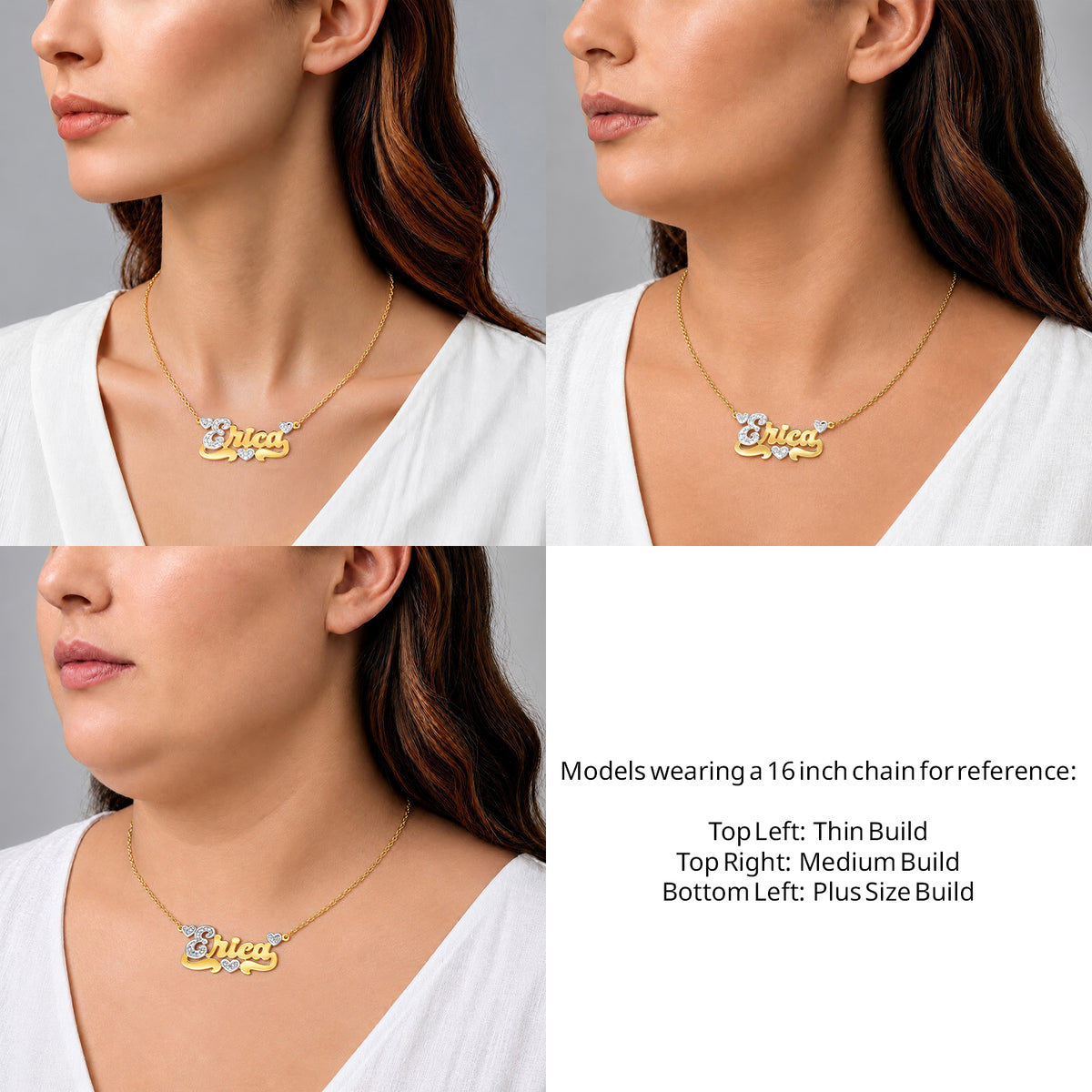 14 Karat Polished and Diamond Cut 3D Name Necklace with Three Hearts on a 16-inch chain shown on thin, medium and plus-size models for size reference – AJ's Jewelry