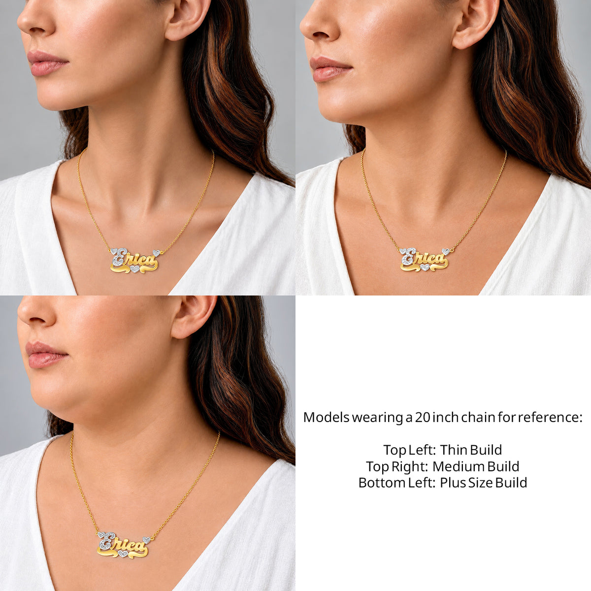 14 Karat Polished and Diamond Cut 3D Name Necklace with Three Hearts on a 20-inch chain shown on thin, medium and plus-size models for size reference – AJ's Jewelry