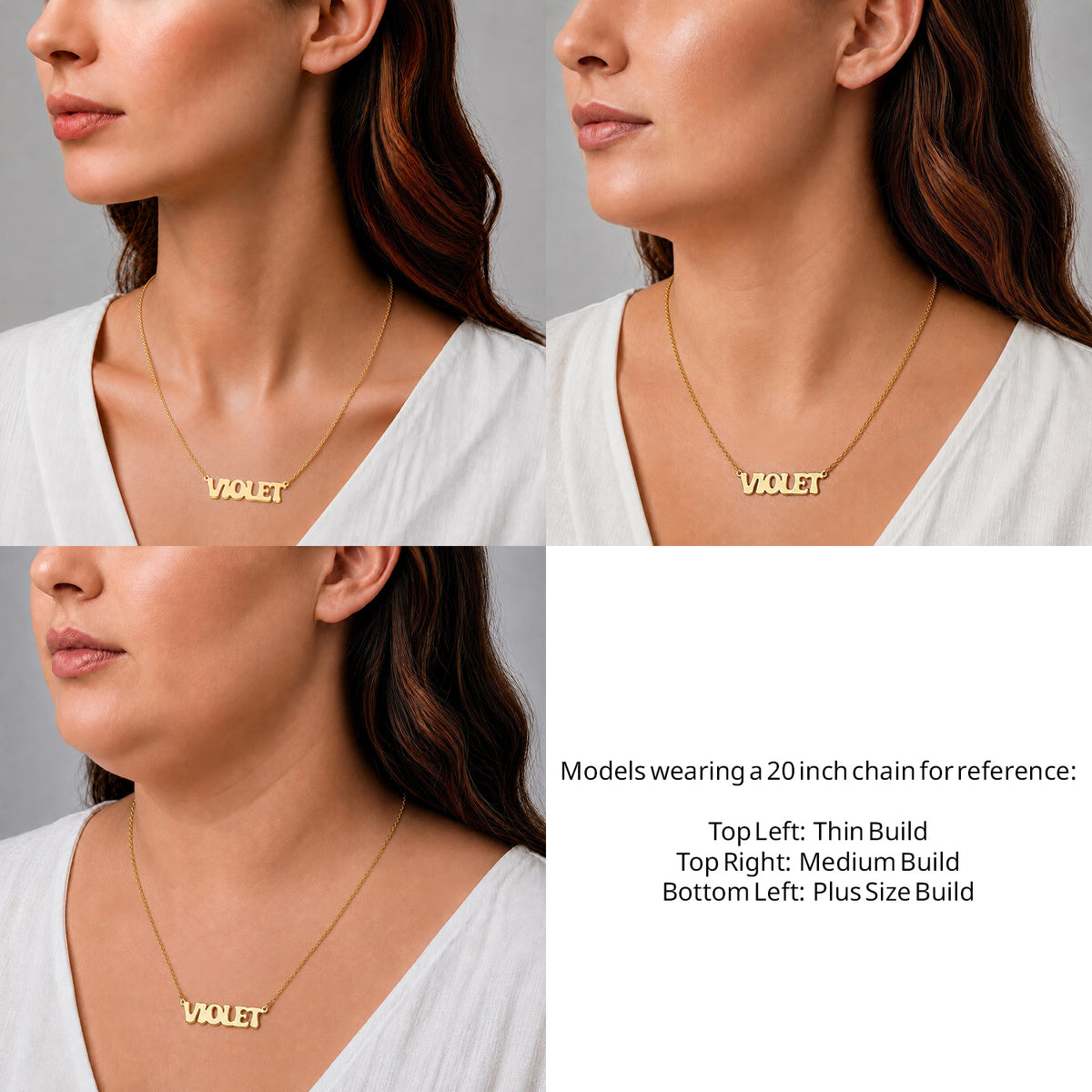 14 Karat Retro Letter Style Name Necklace on a 20-inch chain shown on thin, medium and plus-size models for size reference – AJ's Jewelry
