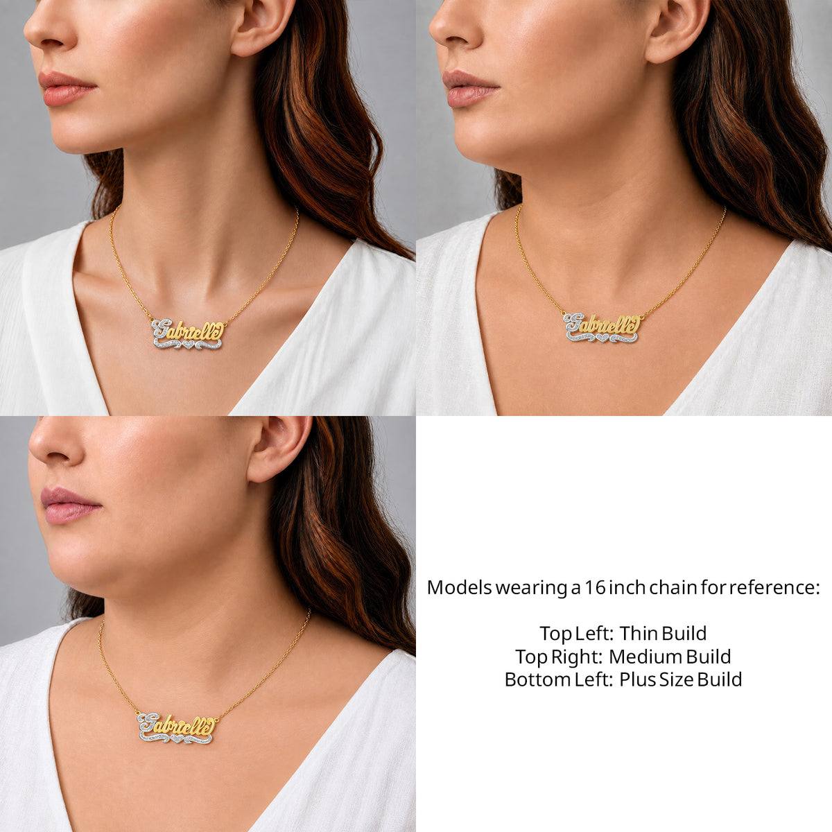 14 Karat Script 3D Name Necklace with One Heart on a 16-inch chain shown on thin, medium and plus-size models for size reference – AJ's Jewelry