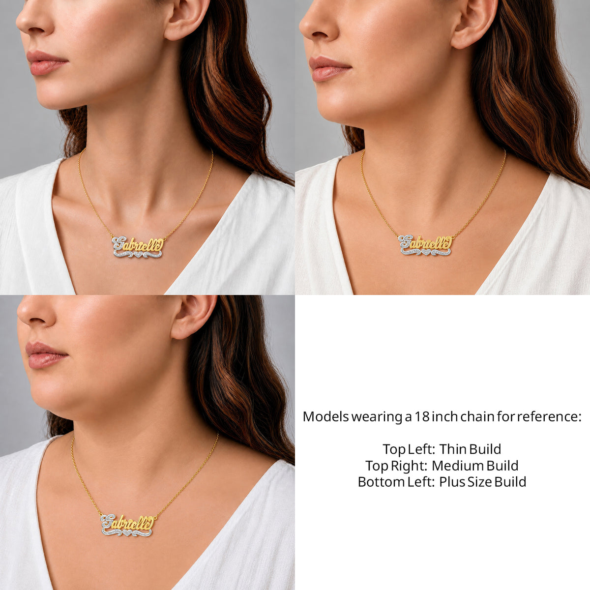 14 Karat Script 3D Name Necklace with One Heart on an 18-inch chain shown on thin, medium and plus-size models for size reference – AJ's Jewelry