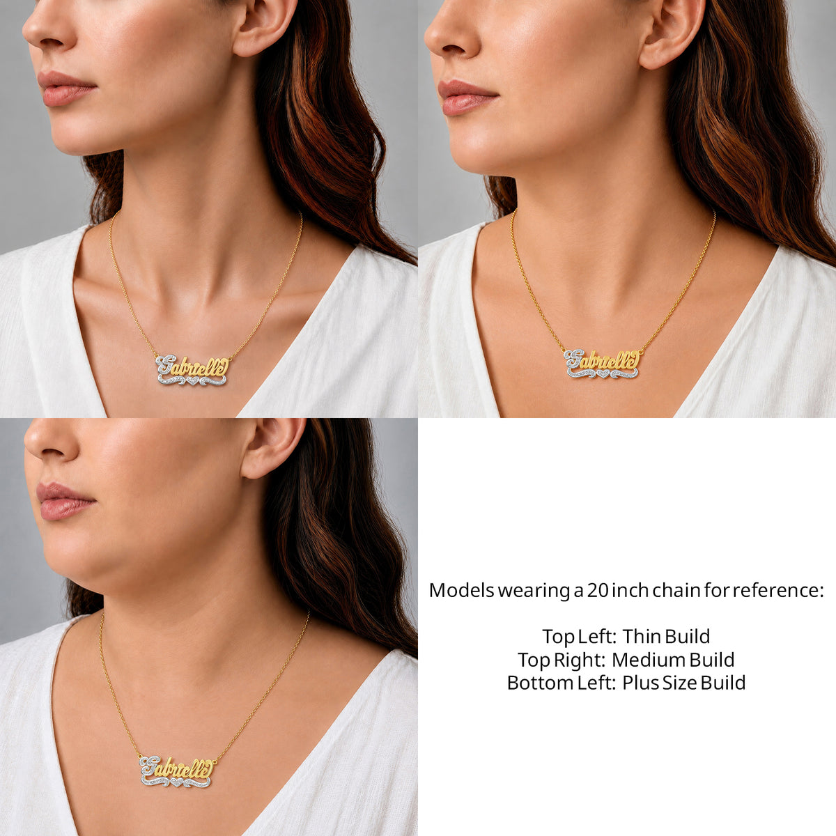 14 Karat Script 3D Name Necklace with One Heart on a 20-inch chain shown on thin, medium and plus-size models for size reference – AJ's Jewelry