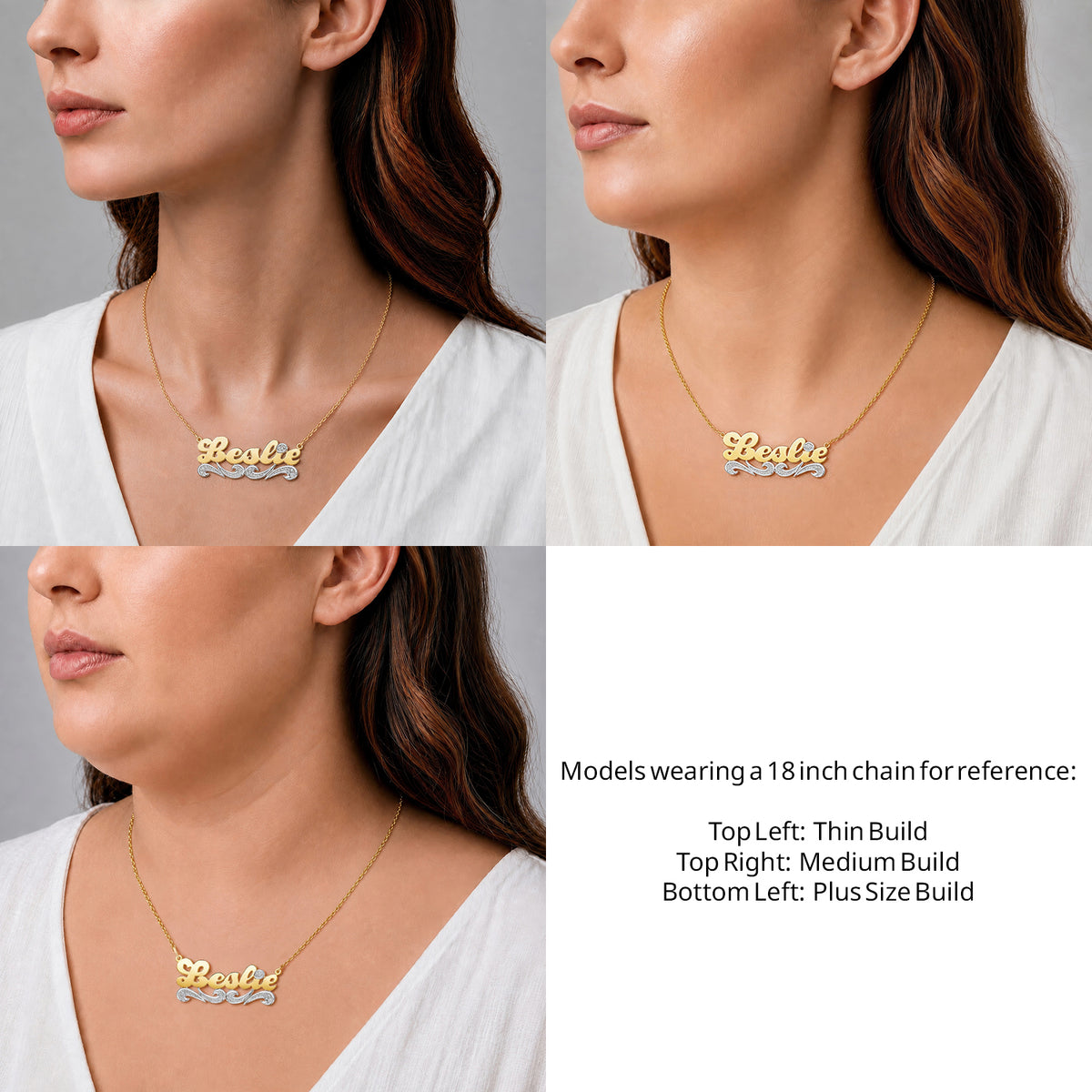 14 Karat Script Name Necklace with Tail on an 18-inch chain shown on thin, medium and plus-size models for size reference – AJ's Jewelry