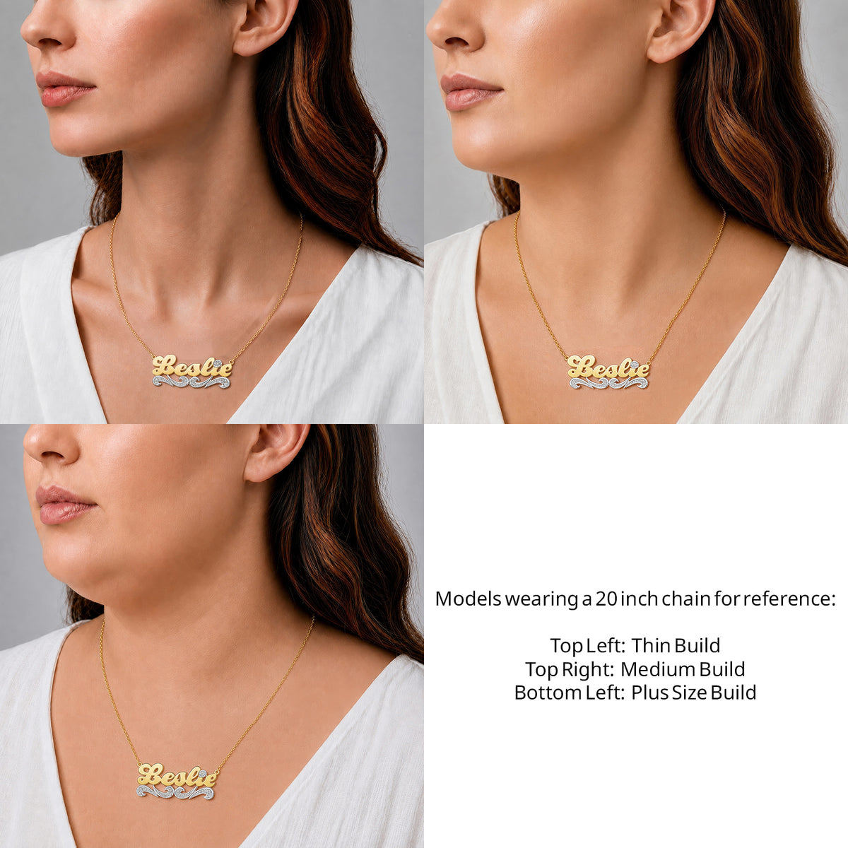 14 Karat Script Name Necklace with Tail on a 20-inch chain shown on thin, medium and plus-size models for size reference – AJ's Jewelry
