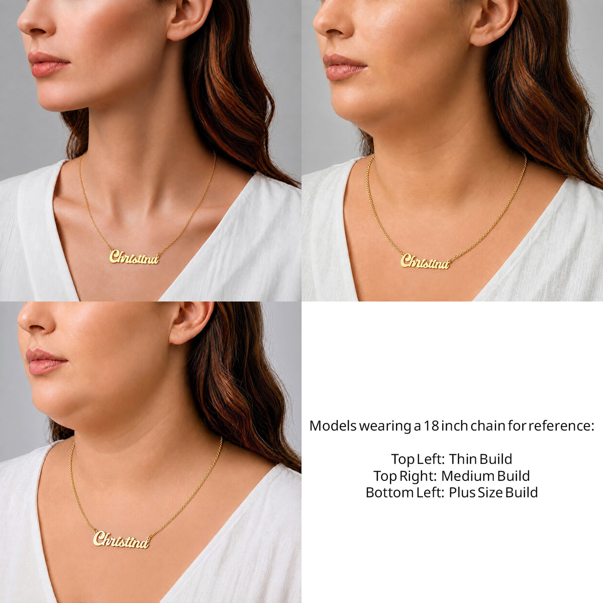 14 Karat Solid Letter Name Necklace on an 18-inch chain shown on thin, medium and plus-size models for size reference – AJ's Jewelry