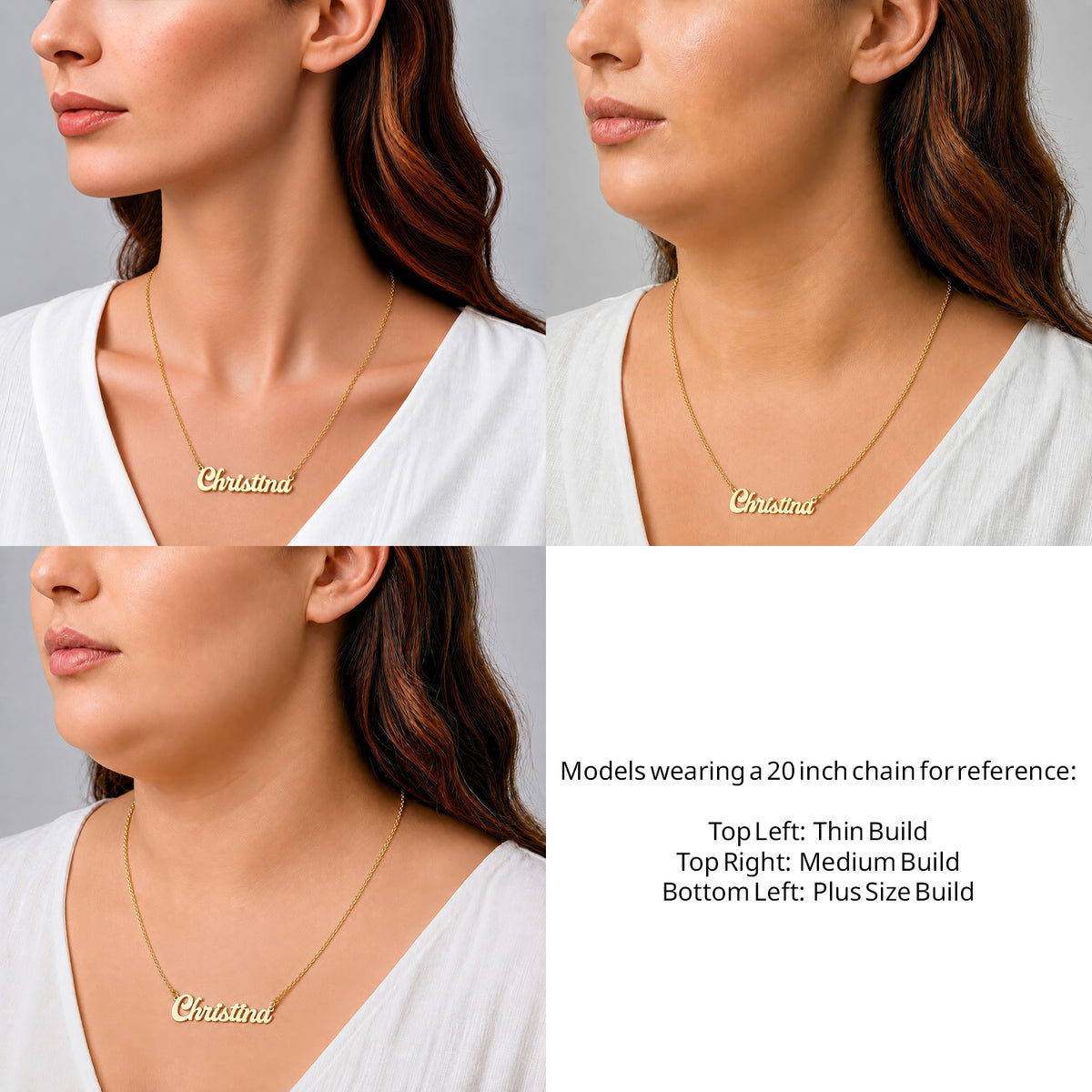 14 Karat Solid Letter Name Necklace on a 20-inch chain shown on thin, medium and plus-size models for size reference – AJ's Jewelry