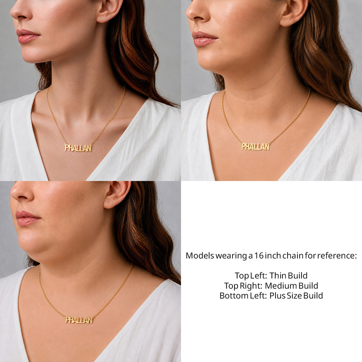 14 Karat Thin Letter Name Necklace on a 16-inch chain shown on thin, medium and plus-size models for size reference – AJ's Jewelry