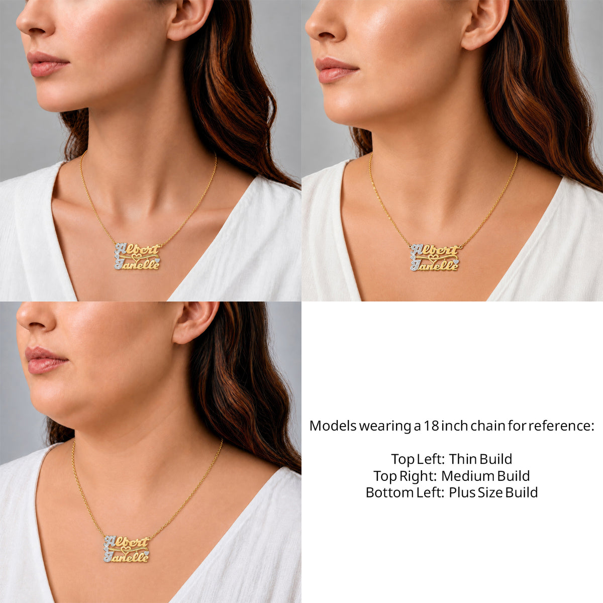 14 Karat Two Name 3D Name Necklace on an 18-inch chain shown on thin, medium and plus-size models for size reference – AJ's Jewelry