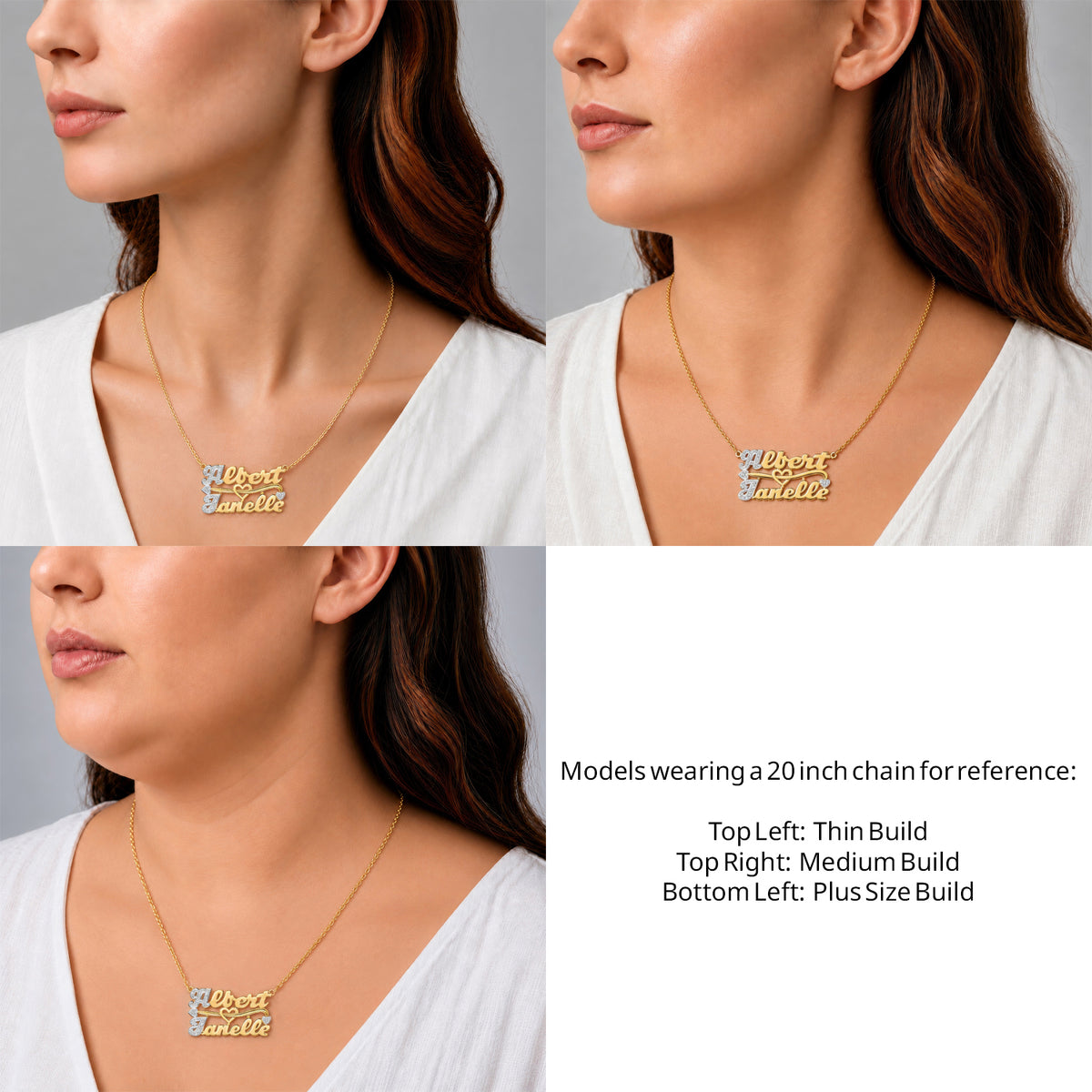 14 Karat Two Name 3D Name Necklace on a 20-inch chain shown on thin, medium and plus-size models for size reference – AJ's Jewelry