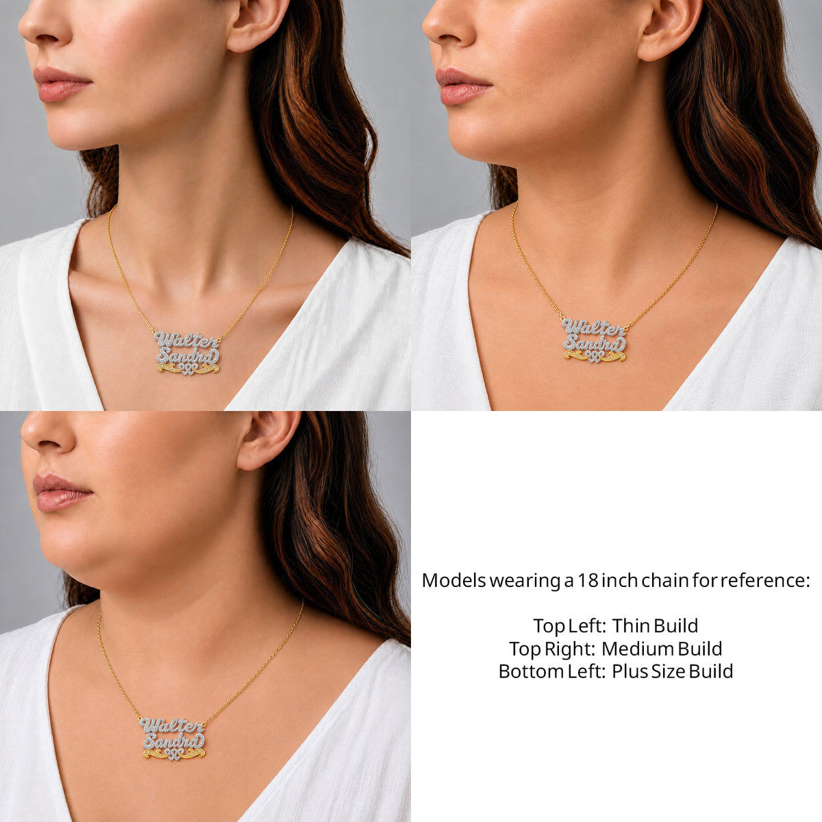 14 Karat Two Name 3D Name Necklace with Intertwined Hearts on an 18-inch chain shown on thin, medium and plus-size models for size reference – AJ's Jewelry
