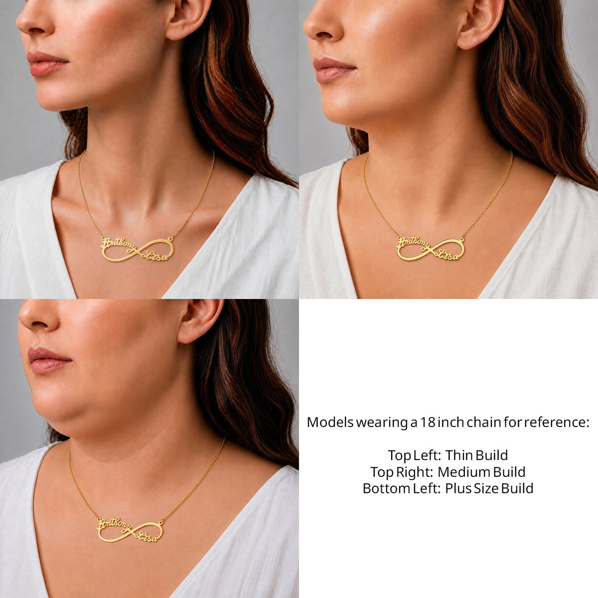 14 Karat Two Name Infinity Name Necklace on an 18-inch chain shown on thin, medium and plus-size models for size reference – AJ's Jewelry