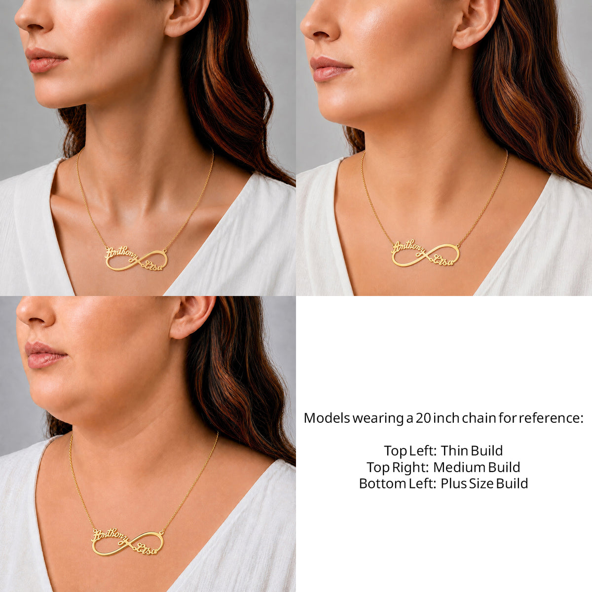 14 Karat Two Name Infinity Name Necklace on a 20-inch chain shown on thin, medium and plus-size models for size reference – AJ's Jewelry