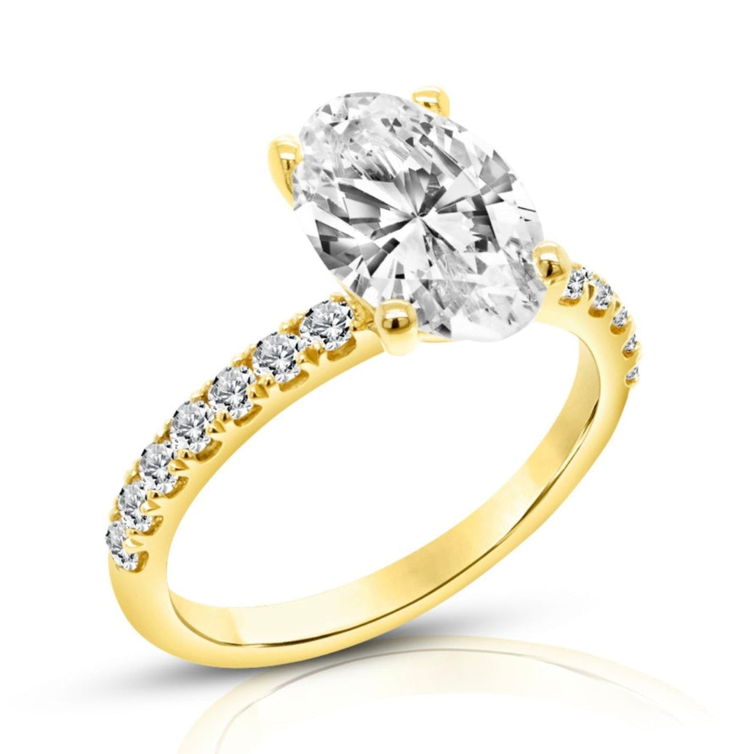 14k yellow gold 2ct oval lab grown diamond pave engagement ring, angled view, AJ's Jewelry Queens NY