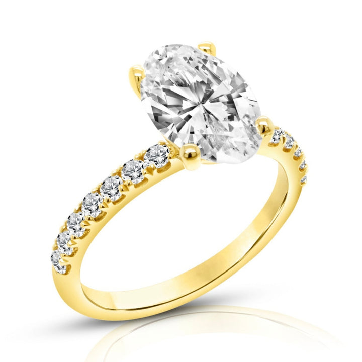 14 karat yellow gold 2ct oval lab-grown diamond pave engagement ring, angled view