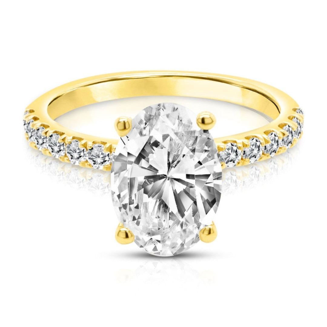 14k yellow gold 2ct oval lab grown diamond pave engagement ring, front view, AJ's Jewelry Queens NY