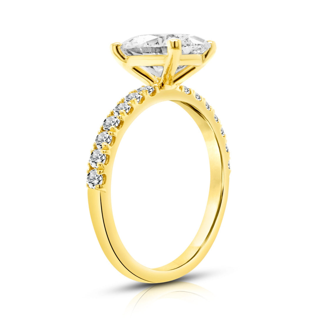 14 karat yellow gold 2ct oval lab-grown diamond pave engagement ring, side view